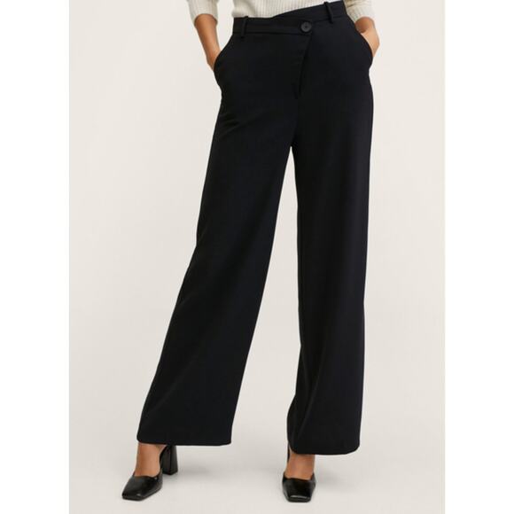 Mango Solid Black Wide Leg Criss Cross Crepe Trouser Pants Women’s Size 6 - Picture 1 of 7